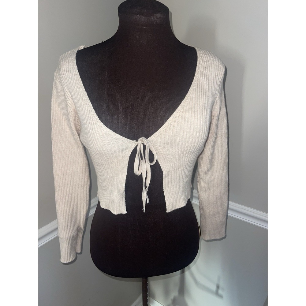 SHEIN Tie Front Cropped Ribbed Cream Sweater Women's Small
